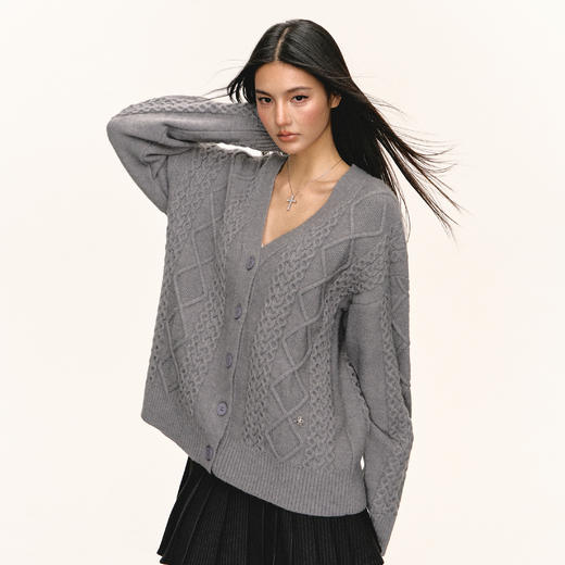 Ariseism 美式复古设计感宽松厚绞花开衫毛衣女秋季新款宽松上衣 商品图0