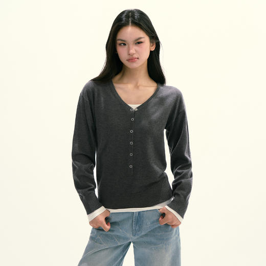 Ariseism 美式复古设计感v领针织开衫女秋季新款修身长袖上衣 商品图0