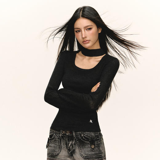 Ariseism 美式复古设计感黑色透款长袖针织衫女秋季新款修身上衣 商品图1