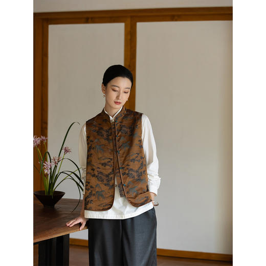 牧衣游原创 32姆米重磅真丝棉提花马夹东方复古中国式开衫 晚雨 商品图1