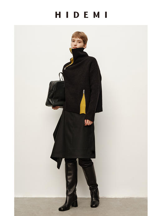 HIDEMI高领绵羊毛针织衫秋冬新款宽松螺纹翻领撞色设计感套头毛衣 商品图4