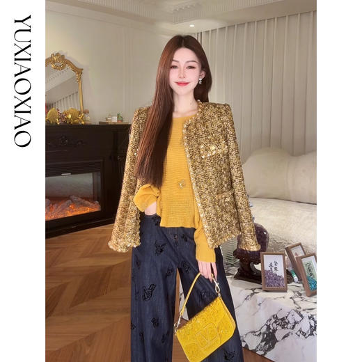 余潇潇【琥珀典礼】复古精致绵羊毛混纺粗花呢编织小香外套 商品图0