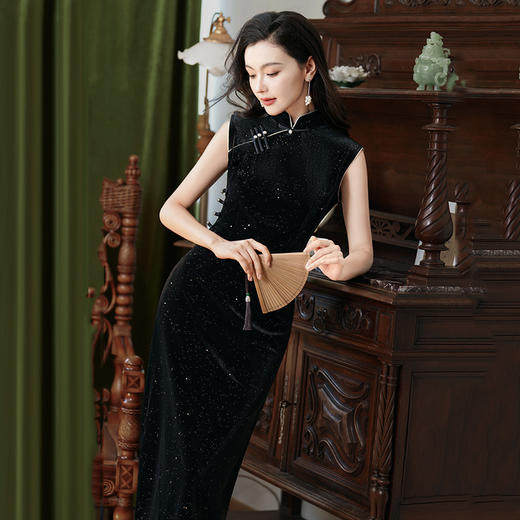 老上海复古修身无袖烫金丝绒高级感ZQ60563 商品图3