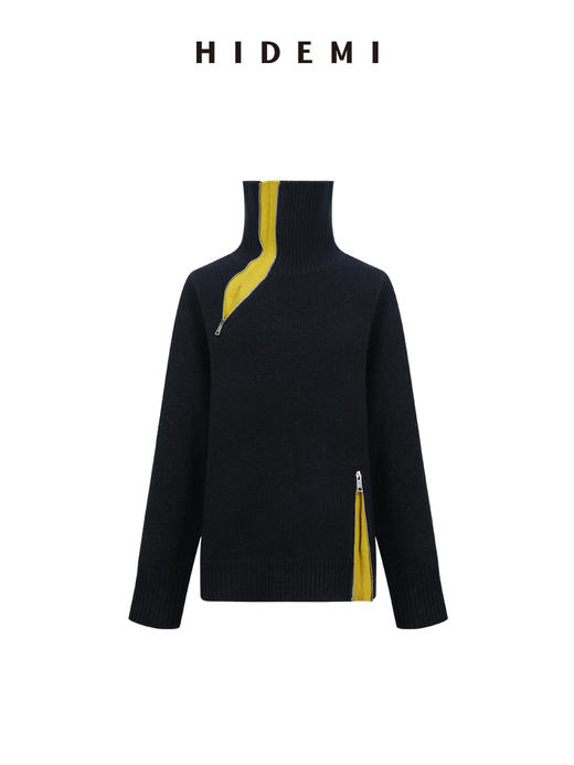 HIDEMI高领绵羊毛针织衫秋冬新款宽松螺纹翻领撞色设计感套头毛衣 商品图10