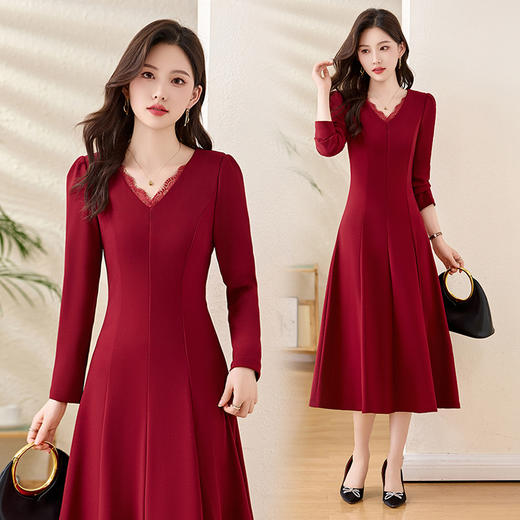 法式蕾丝边V领连衣裙高级感轻熟风QIXFS25-5657 商品图2