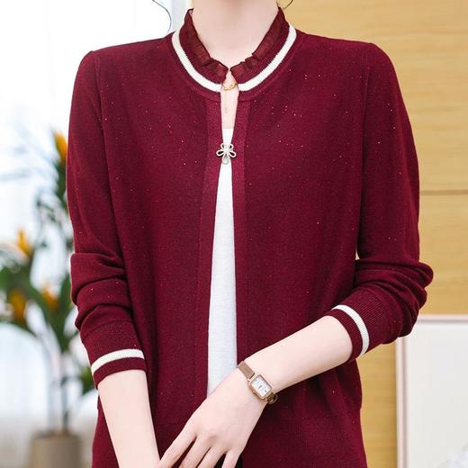 28-1338春秋季新款中年人短款假两件羊毛针织开衫2025年新款百搭外套上衣 商品图0