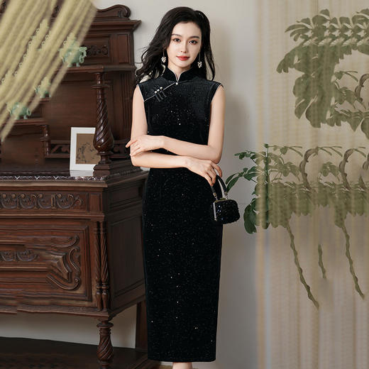 老上海复古修身无袖烫金丝绒高级感ZQ60563 商品图2