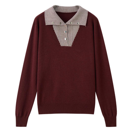 QL-8367条纹翻领拼接假两件撞色针织衫女2025秋冬新款高级感毛衣打底内搭 商品图4