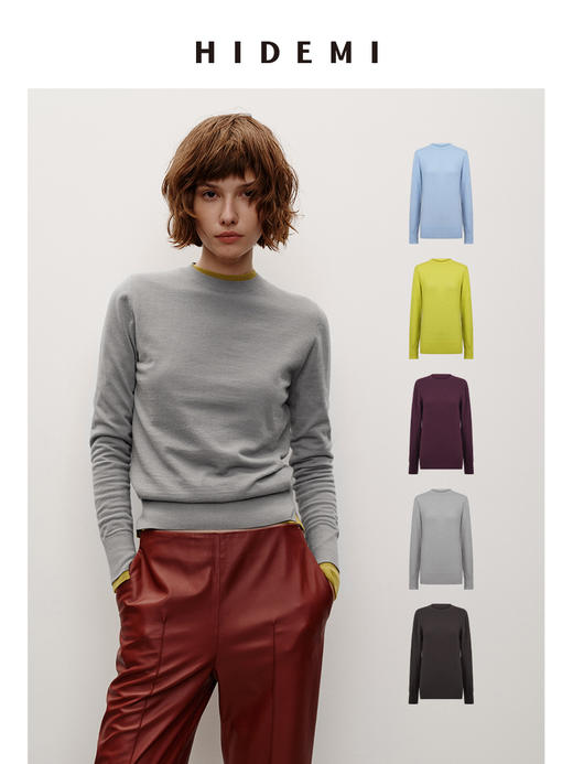 HIDEMI 进口美利奴羊毛柔软细腻纱线打底衫舒适叠穿圆领针织衫 商品图0