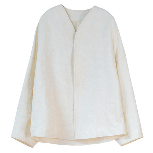 牧衣游原创 提花丝麻短外套女秋季百搭简约白色质朴中式开衫 轻鸾 商品图4