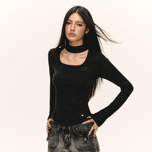 Ariseism 美式复古设计感黑色透款长袖针织衫女秋季新款修身上衣 商品图2