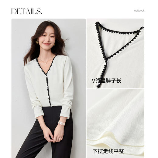 【内购】【撞色设计】撞色山峦贝壳扣假门襟柔软弹力水波纹肌理针织打底衫-153SF2955 商品图3