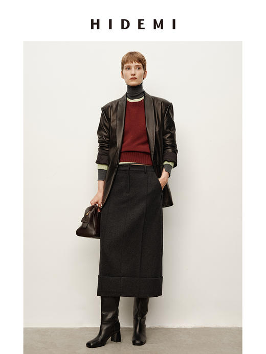 HIDEMI 高级感V领气质绵羊皮西装外套显瘦腰带真皮皮衣风衣 商品图4
