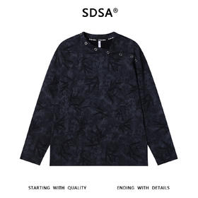 SDSA男士秋冬新款痞帅男装扎染竹叶印花鸡眼领口交叉长袖T恤百搭