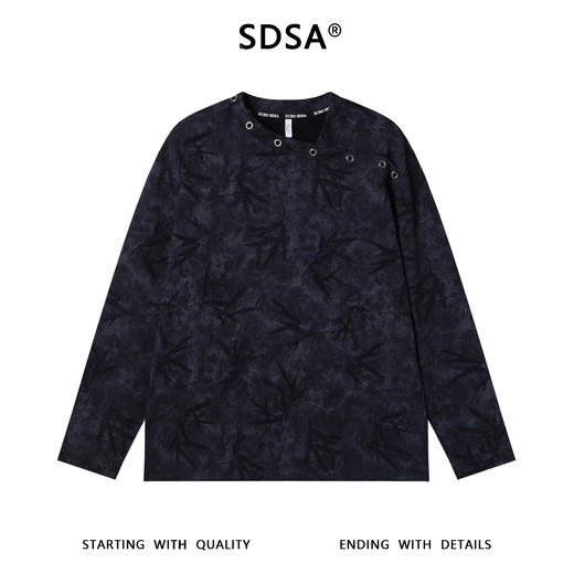 SDSA男士秋冬新款痞帅男装扎染竹叶印花鸡眼领口交叉长袖T恤百搭 商品图0
