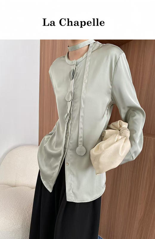会员福利【飘带衬衫+垂坠顺滑】拉夏贝尔/La Chapelle法式垂感缎面立体花朵飘带设计感长袖衬衫 商品图10