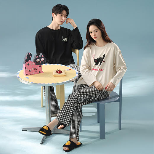 【抗菌新疆棉】自然醒「天生一对」秋季A类长袖情侣睡衣长裤纯棉家居服套装JLM 商品图7