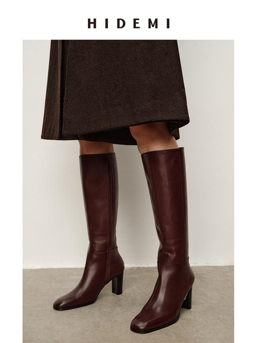 HIDEMI 复古圆头高筒靴粗跟高跟及膝盖靴不过膝长靴头层牛皮骑士靴 商品图0