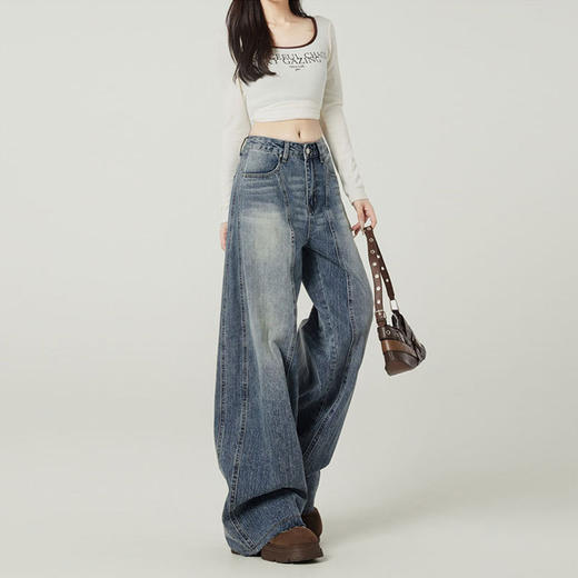 【GZ】无忧购 复古蓝阔腿牛仔裤美式高街女新款大码梨形宽松高腰垂感弯刀裤107（截单后3-5天发货） 商品图1