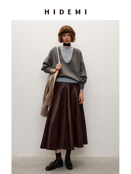 HIDEMI 【吴昕同款】可再生环保蛋白皮宽松中长款半身裙拼接伞状不对称皮裙 商品图1