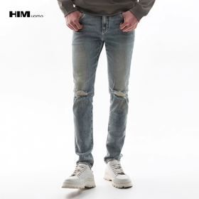 HIM漢崇  做旧破洞牛仔裤男简约撞色绒面皮牌修身休闲裤 2025秋季