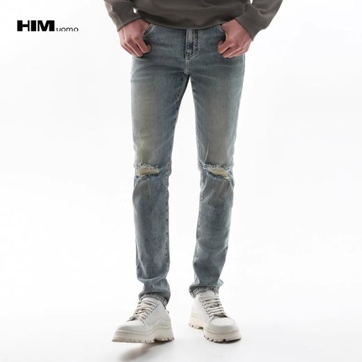 HIM漢崇  做旧破洞牛仔裤男简约撞色绒面皮牌修身休闲裤 2025秋季 商品图0