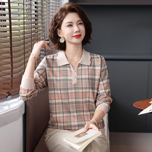 W009-8982-70-138洋气年轻中年妈妈秋装针织上衣中老年女装春秋衣短款薄款带领格子 商品图1