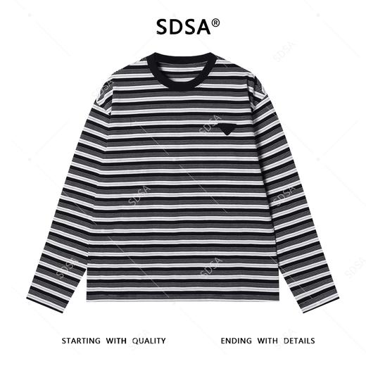 SDSA秋冬新款痞帅男装韩版街头撞色条纹倒三角圆领长袖T恤百搭 商品图0