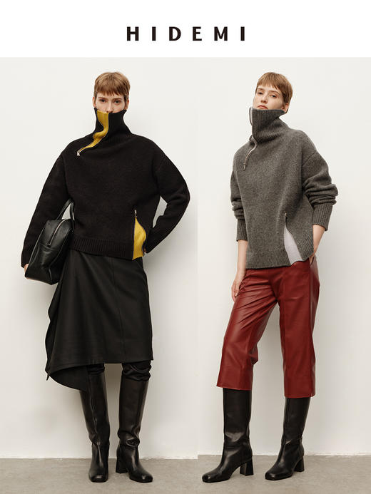 HIDEMI高领绵羊毛针织衫秋冬新款宽松螺纹翻领撞色设计感套头毛衣 商品图0