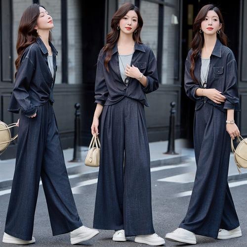 港风复古牛仔套装，慵懒风宽松休闲衬衫阔腿裤两件套HR-YLFS9058 商品图4