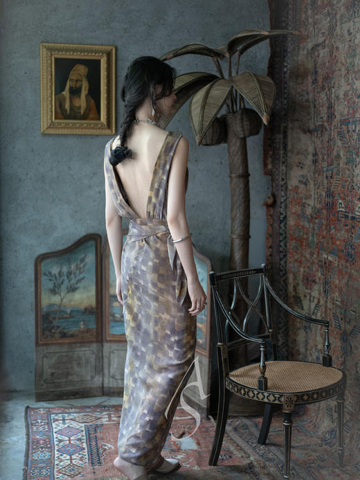 Cortana 25PF 桑紫唐茶笔触KNOT围裹式无袖真丝连衣裙 商品图1