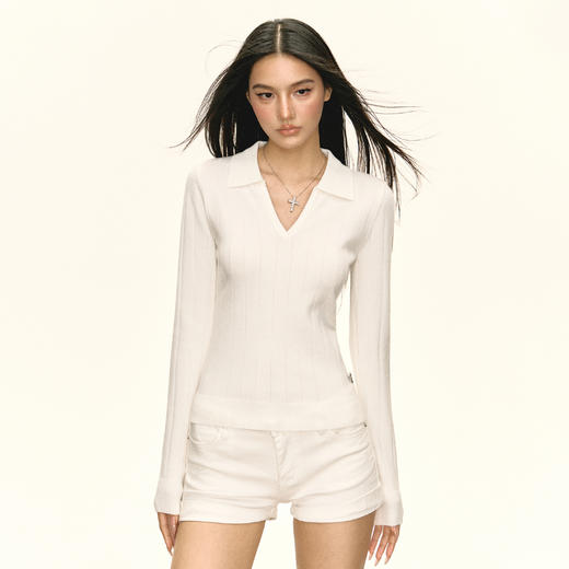 Ariseism 美式复古设计感v领白色polo长袖针织衫女秋季新款上衣 商品图1