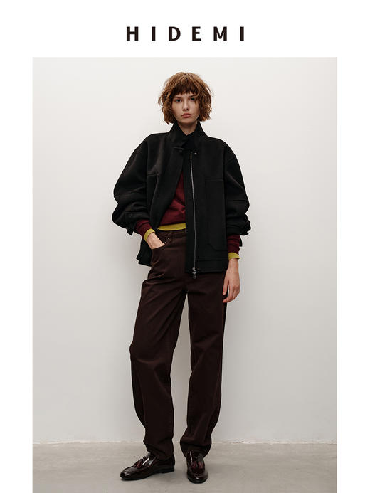 HIDEMI 柔软透气自然棉混纺羊腿裤深咖色复古宽松茧形长裤牛仔裤 商品图2