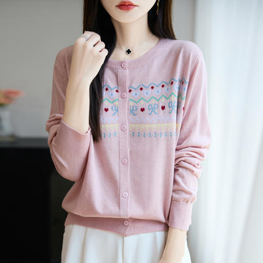 奥伊米初秋女士撞色毛边v领提花条纹羊毛针织开衫 商品图4