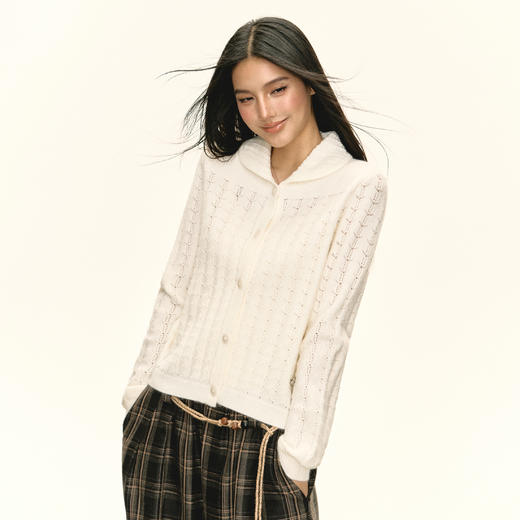 Ariseism 美式复古白色镂空针织开衫毛衣女秋季新款修身上衣外套 商品图2