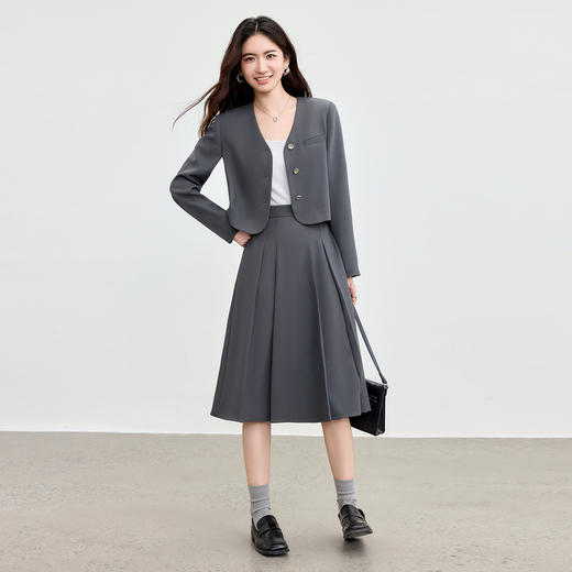 【内购】【免搭配套装】格雷系通勤V领垫肩西装外套&松紧腰压褶显瘦A字裙-153ZA3426 商品图2