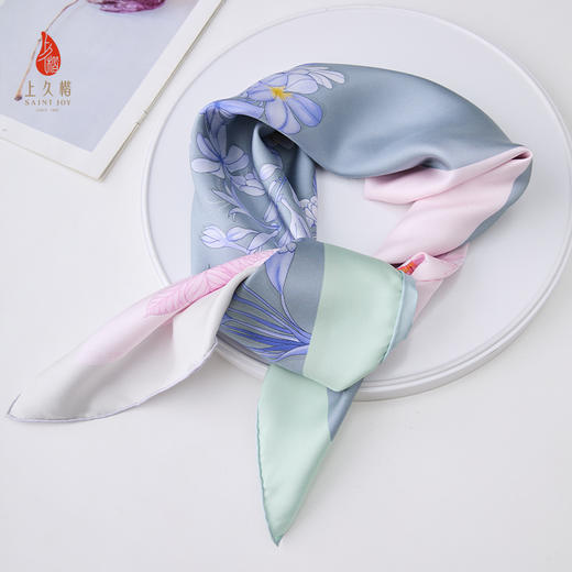 上久楷SAINTJOY/上久楷 双面印花真丝方巾 双色花影WJ3J025206003 商品图6