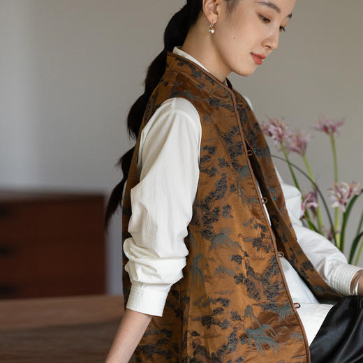 牧衣游原创 32姆米重磅真丝棉提花马夹东方复古中国式开衫 晚雨 商品图0