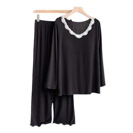 【可鲁丽风睡衣】25秋季小众蕾丝圆边睡衣套装女纯色垂感V领长袖带胸垫家居服两件套 商品图4