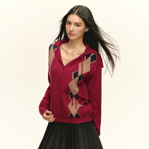 Ariseism 美式复古设计感红色格陵纹毛衣开衫女秋季新款修身上衣 商品图2