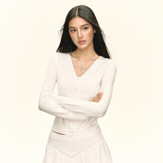 Ariseism 美式复古基础百搭白色v领针织开衫女秋季新款修身上衣 商品图2