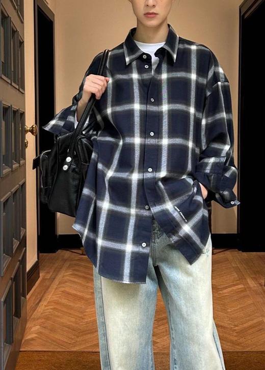 中性款纯棉格纹长袖衬衫001 商品图4