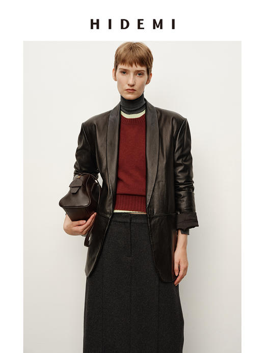 HIDEMI 高级感V领气质绵羊皮西装外套显瘦腰带真皮皮衣风衣 商品图5