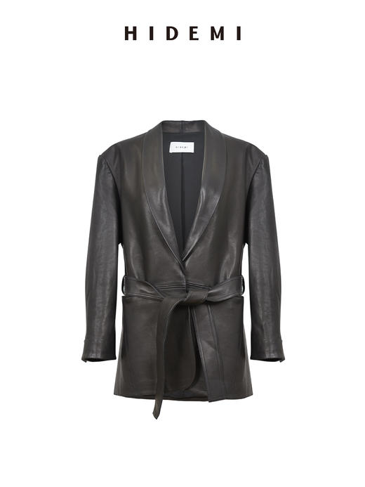 HIDEMI 高级感V领气质绵羊皮西装外套显瘦腰带真皮皮衣风衣 商品图7