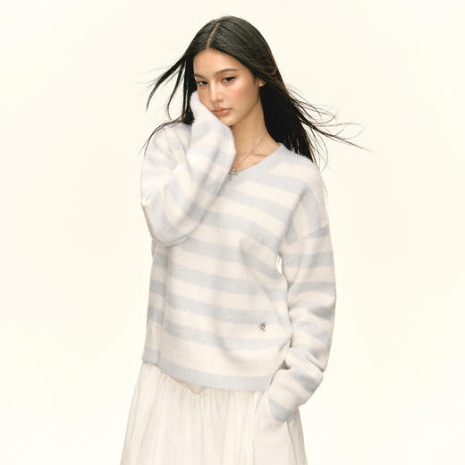 Ariseism 美式复古设计感双色条纹宽松套头毛衣女秋季新款 商品图2