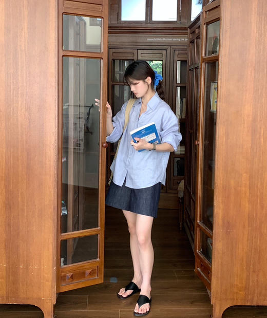 韩国h家新款口袋亚麻衬衣衬衫08271 商品图6