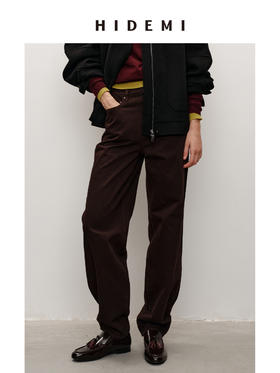 HIDEMI 柔软透气自然棉混纺羊腿裤深咖色复古宽松茧形长裤牛仔裤