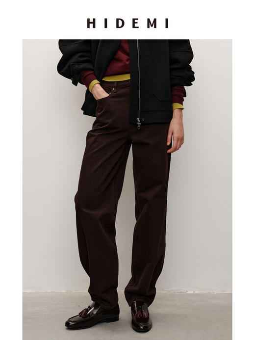 HIDEMI 柔软透气自然棉混纺羊腿裤深咖色复古宽松茧形长裤牛仔裤 商品图0