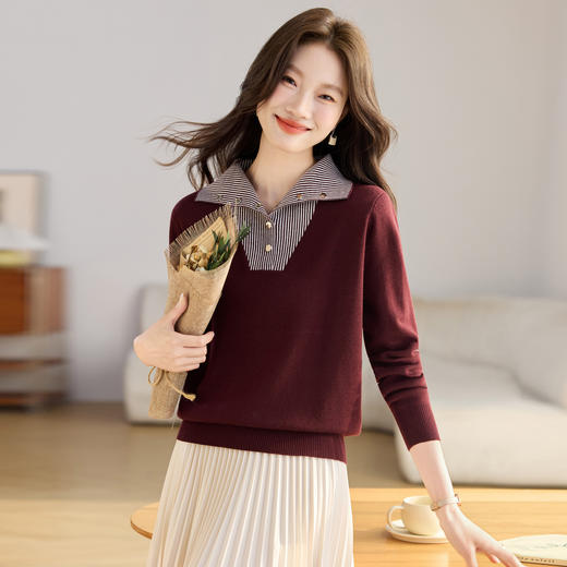 QL-8367条纹翻领拼接假两件撞色针织衫女2025秋冬新款高级感毛衣打底内搭 商品图3