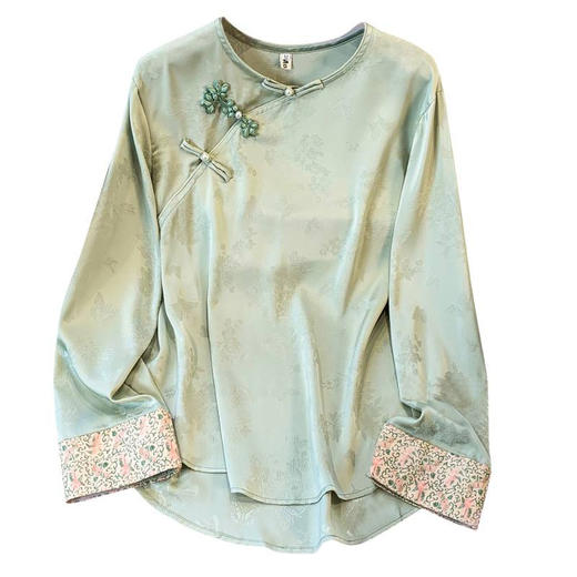 A6590 2025秋新款复古新中式国风改良缎面宽松休闲盘扣圆领长袖衬衫上衣 商品图4